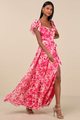 Sensationally Sweeter Bright Pink Floral Ruffled Maxi Dress