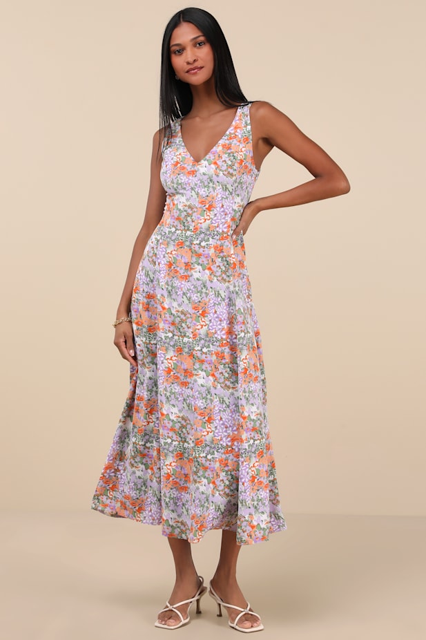Your Only Darling Lavender Floral Print Sleeveless Midi Dress