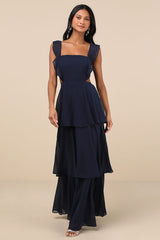 Elegant Event Navy Ruffled Tie-Back Tiered Maxi Dress