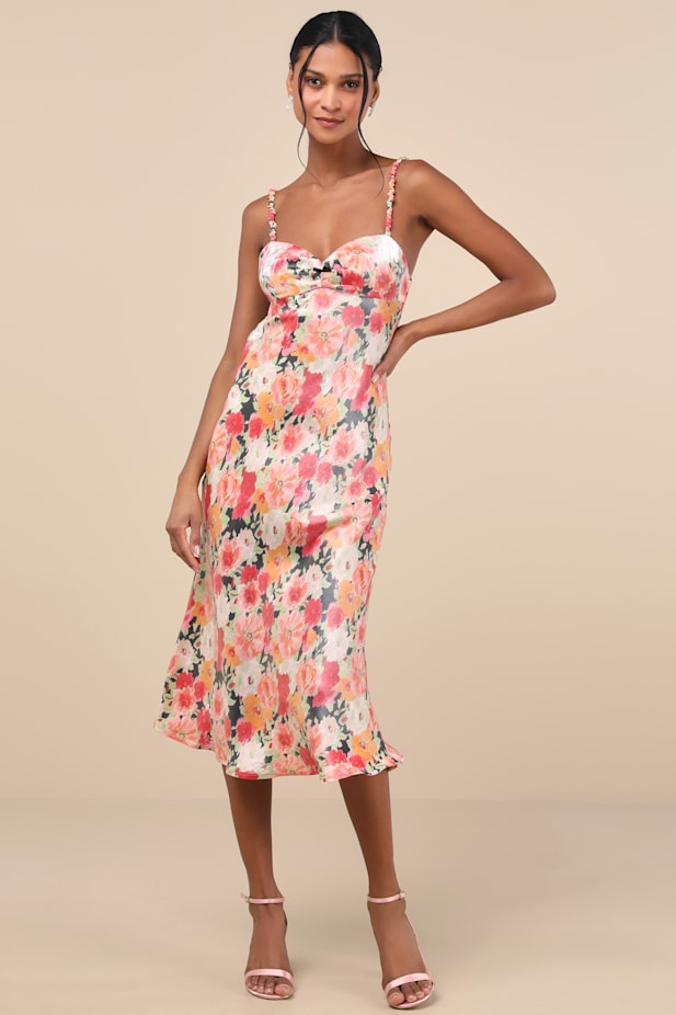 Sensational Spirit Peach Multi Floral Satin Tie-Back Midi Dress