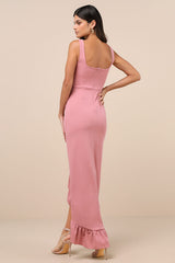 Immaculate Excellence Pink Sleeveless Ruffled Tulip Maxi Dress