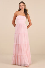 Sweetness Light Pink Mesh Swiss Dot Tiered Maxi Dress