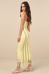 Hedia Yellow Striped Crochet Halter Fringe Midi Dress
