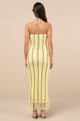 Hedia Yellow Striped Crochet Halter Fringe Midi Dress