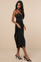 Regal Romance Black Floral Jacquard Pleated Satin Midi Dress