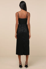 Regal Romance Black Floral Jacquard Pleated Satin Midi Dress
