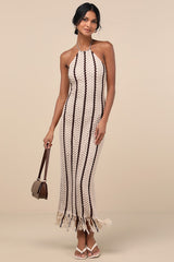 Hedia Beige Striped Crochet Halter Fringe Midi Dress