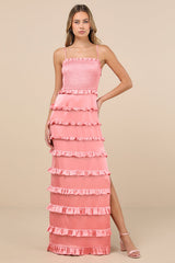 Sincerely Fabulous Peach Pink Satin Smocked Ruffled Maxi Dress
