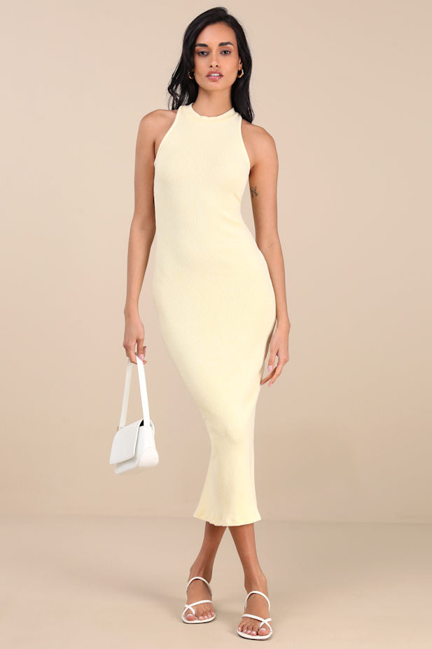 Essentially Sweet Light Yellow Ribbed Sleeveless Midi Dress