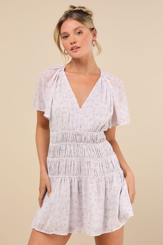 Chrislyn Light Lavender Floral Flutter Sleeve Mini Dress