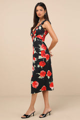 Clarrie Black Floral Crinkle Satin Ruffled Midi Dress