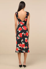 Clarrie Black Floral Crinkle Satin Ruffled Midi Dress