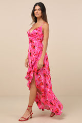 Navina Pink and Red Floral High-Low Midi Dress