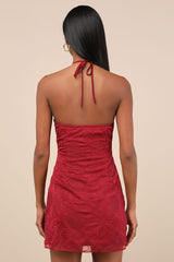 Letitia Dark Red Embroidered Halter Mini Dress