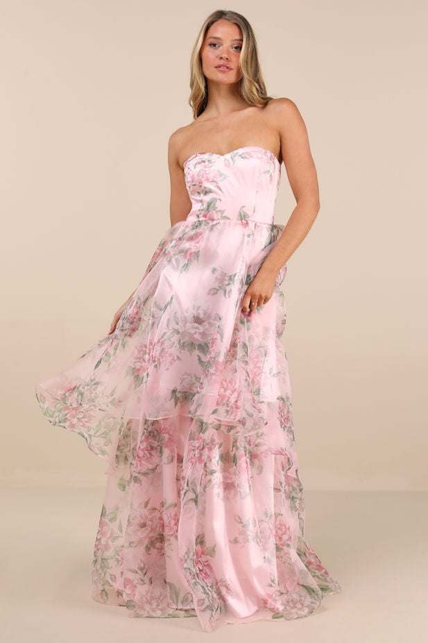 Truly Extraordinary Pink Floral Organza Strapless Maxi Dress