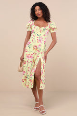 Parisian Picnic Green Floral Jacquard Puff Sleeve Midi Dress
