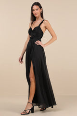Aria Black Crinkle Knotted Backless Maxi Dress