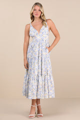 Brightly Blossoming Light Blue Floral Tiered Midi Dress