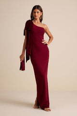 Amarila Burgundy One-Shoulder Velvet Bow Maxi Dress