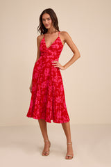 Vibrant Moment Red and Pink Floral Pleated Lace-Up Midi Dress