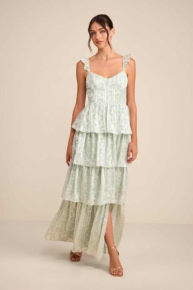 Stunning Glory Sage Green Floral Jacquard Tiered Maxi Dress