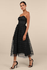 Immensely Exquisite Black Tulle Strapless Tiered Midi Dress