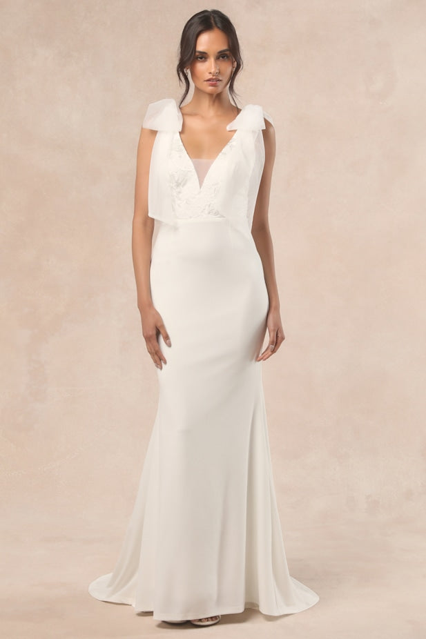 Desiree White Tie-Strap Jacquard Mermaid Maxi Dress