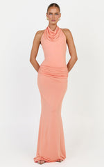 Lizzy Maxi Dress - Backless Ruched Bodycon Dress in Coral