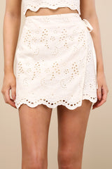 Kamilla Cream Eyelet Embroidered Mini Wrap Skirt