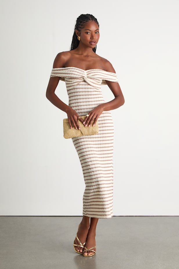 Baia Ivory and Taupe Striped Off-the-Shoulder Midi Dress