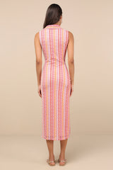 Nivara Cream and Red Multi Crochet Collared Midi Dress