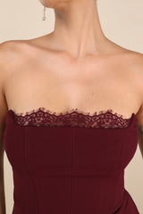 Memorably Iconic Burgundy Strapless Lace Bustier Maxi Dress
