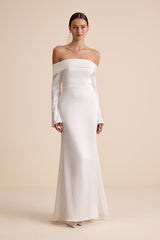 Saintclair White Satin Off-the-Shoulder Long Sleeve Maxi Dress