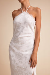 Emeris White Satin Jacquard Lace Halter Maxi Dress