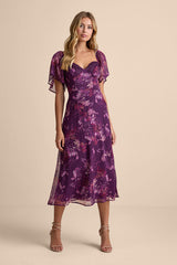 Valla Purple Floral Flutter Sleeve Midi Dress