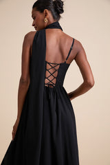 Irresistibly Darling Black Chiffon Midi Dress and Scarf Set
