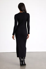 Refined Attitude Black Ribbed Side Button Midi Sweater Dress