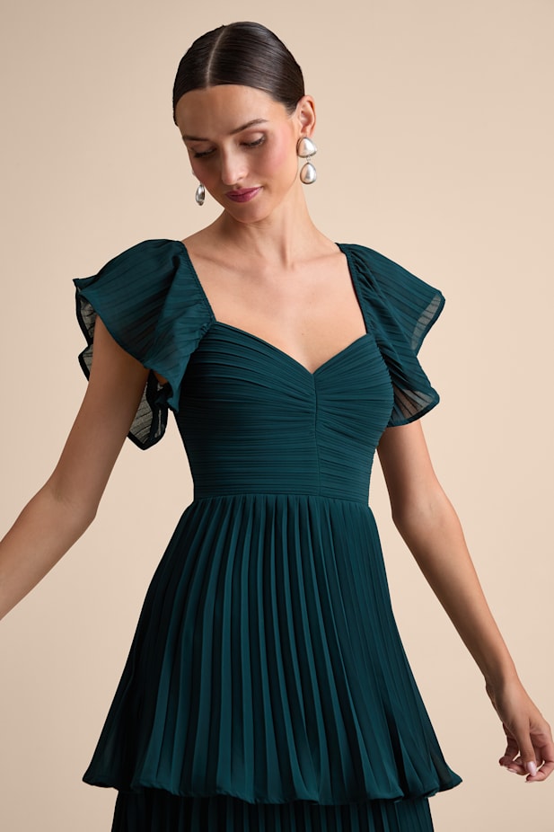 Notorious Charm Emerald Pleated Flutter Sleeve Maxi Dress