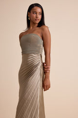 Nyrah Taupe Satin Pleated Strapless Maxi Dress