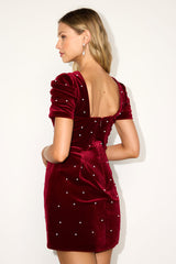 Luxe Possibilities Dark Red Velvet Pearl Mini Dress
