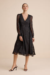 Evening of Elegance Black Floral Jacquard Wrap Midi Dress