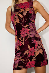 Taslin Burgundy Floral Burnout Velvet Sleeveless Mini Dress
