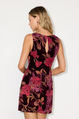 Taslin Burgundy Floral Burnout Velvet Sleeveless Mini Dress