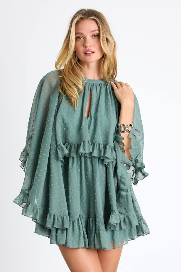 Rhozie Sage Blue Swiss Dot Cape Sleeve Tiered Mini Dress