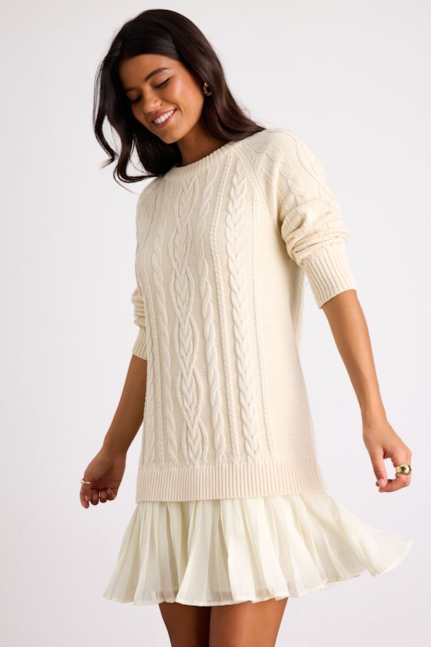 Alvie Cream Cable Knit Drop Waist Sweater Dress