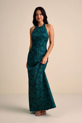 Alaria Emerald Satin Jacquard Halter Neck Maxi Dress