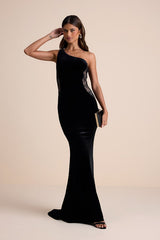 Razela Black Velvet Lace One-Shoulder Maxi Dress