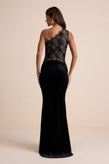 Razela Black Velvet Lace One-Shoulder Maxi Dress