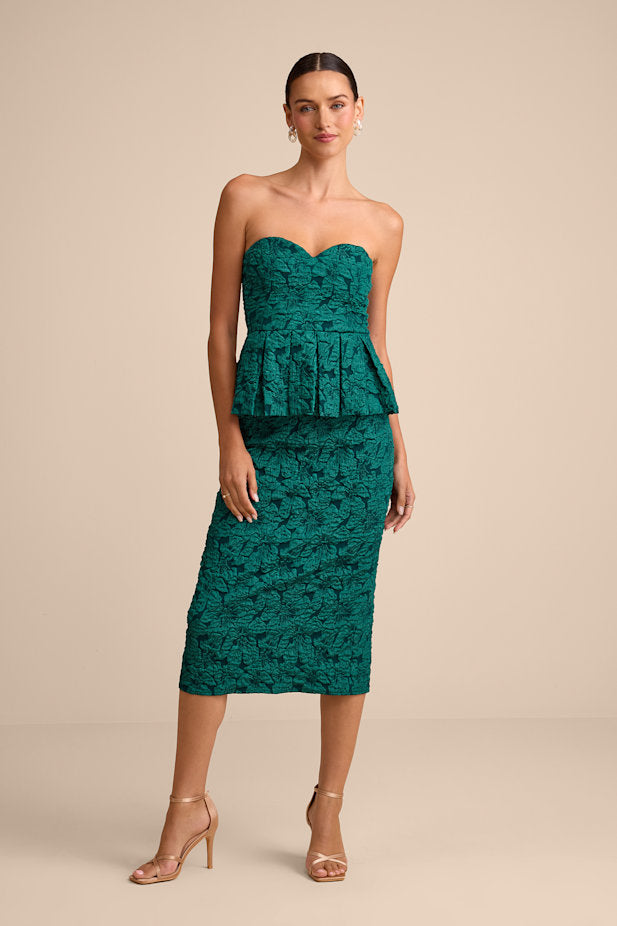 Frederica Emerald Green Floral Jacquard Peplum Midi Dress