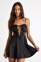 Damilia Black Sheer Lace Satin Lingerie Slip